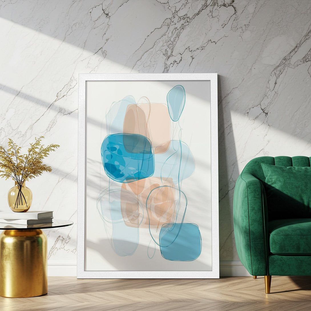 Framed Poster featuring abstract art in blue and peach tones. Modern wall art for stylish home decor.