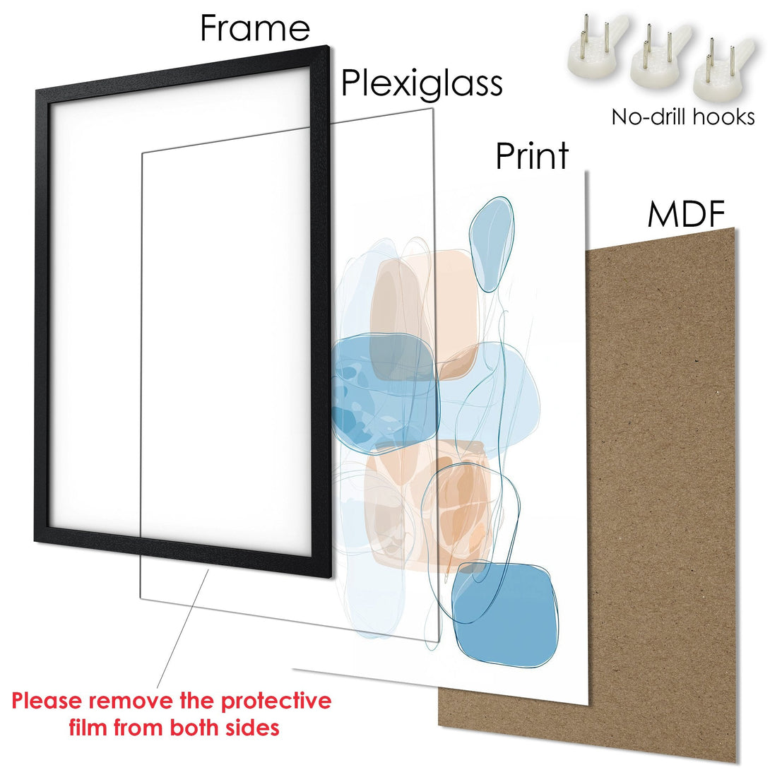 Framed Poster with abstract art in blue and beige tones. Modern wall art for your home.