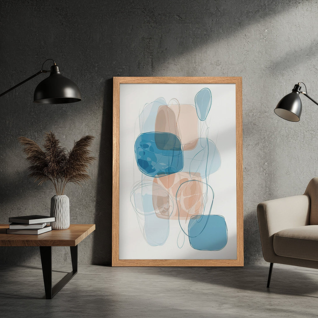 Framed Poster featuring abstract art in blue and peach tones, perfect for modern home decor.