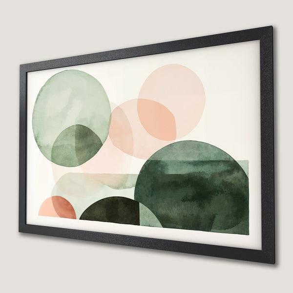 Framed Poster featuring abstract watercolor circles in green, pink, and peach hues. Modern art for your home decor.