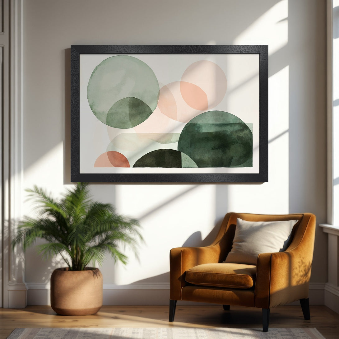 Framed Poster featuring abstract watercolor circles in green and peach hues. Modern art for your home!