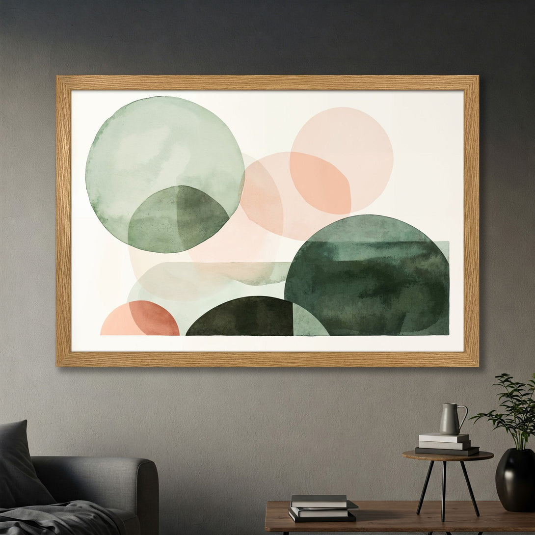 Framed Poster featuring abstract watercolor circles in muted green, pink, and black. Modern art for your home decor.