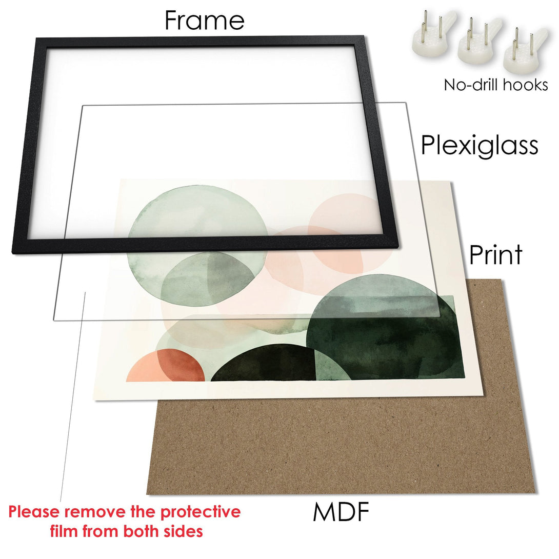 Framed Poster with abstract watercolor art in green, pink, and black. Modern wall decor.