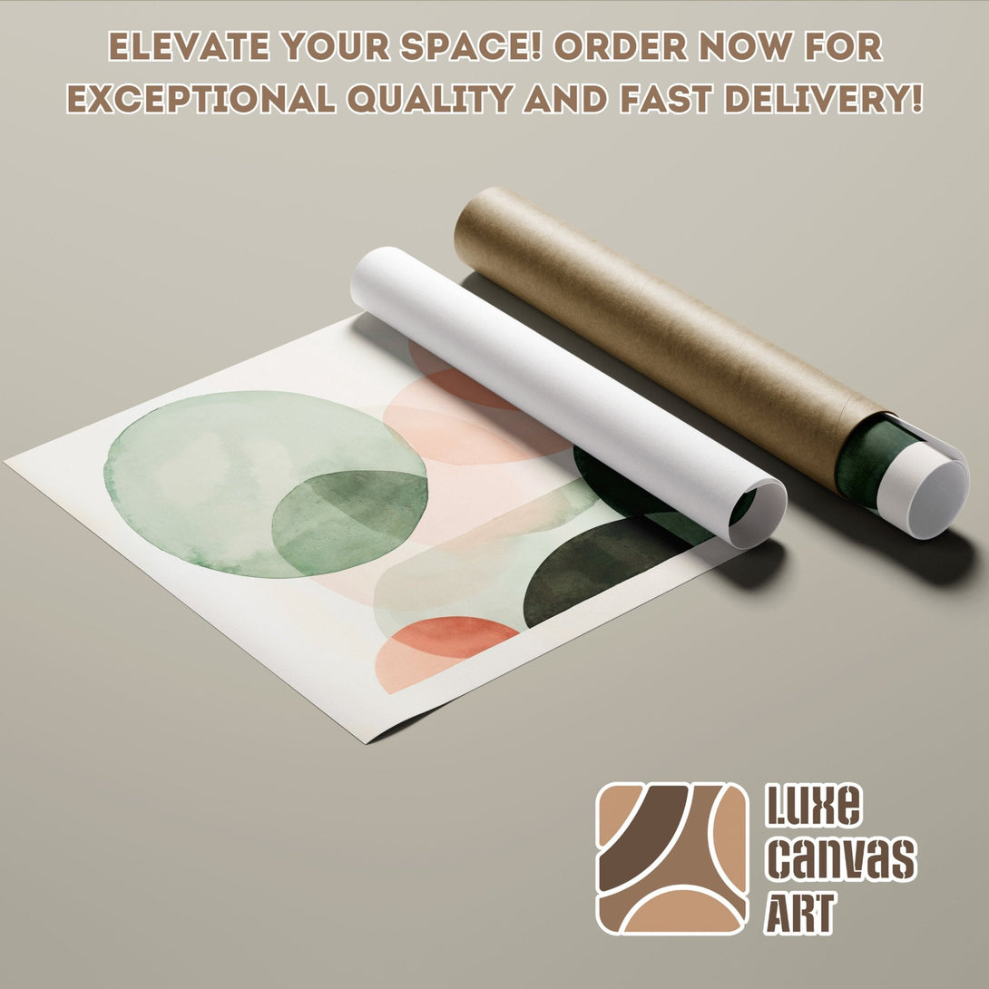 Abstract watercolor Poster Roll art in green, peach, and neutral tones. Elevate your space!