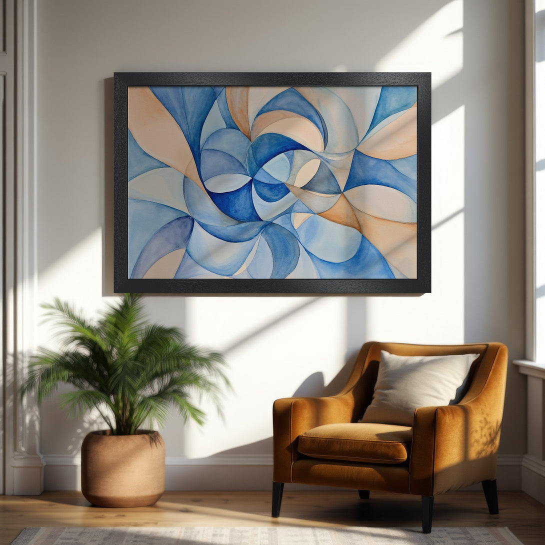 Framed Poster featuring abstract watercolor art in blue and tan hues. Perfect wall decor for a modern living room.