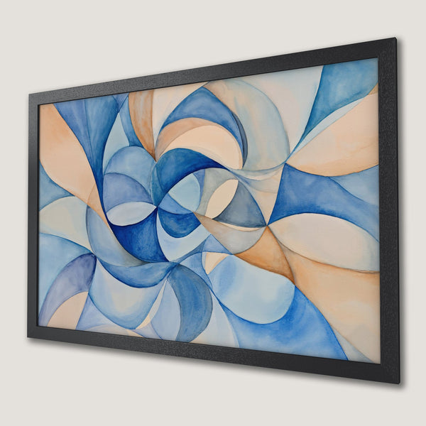 Framed Poster featuring an abstract watercolor design in blue and beige tones. Perfect art for your home!
