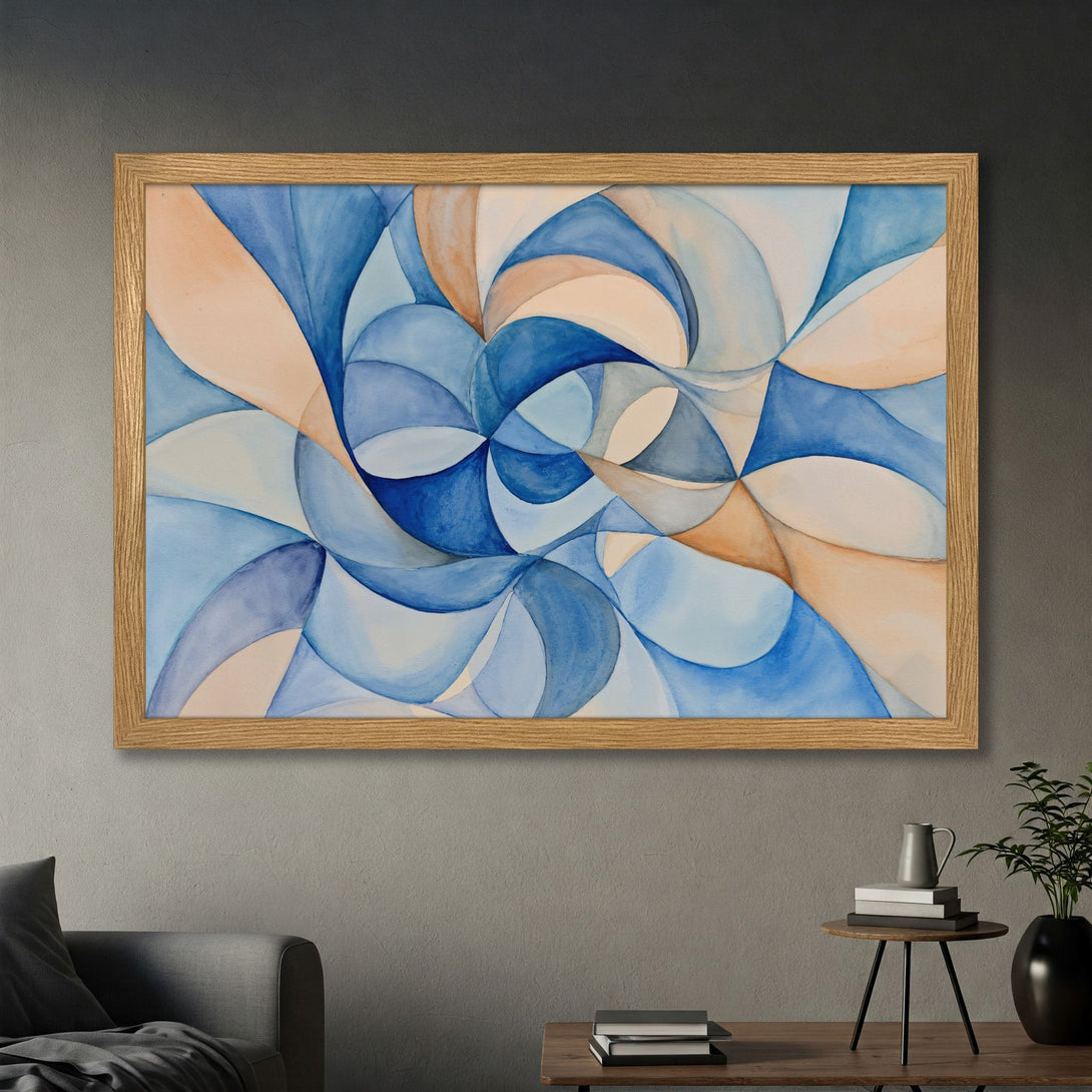 Framed Poster featuring abstract watercolor art in blue and beige tones. Modern wall decor for a stylish home.