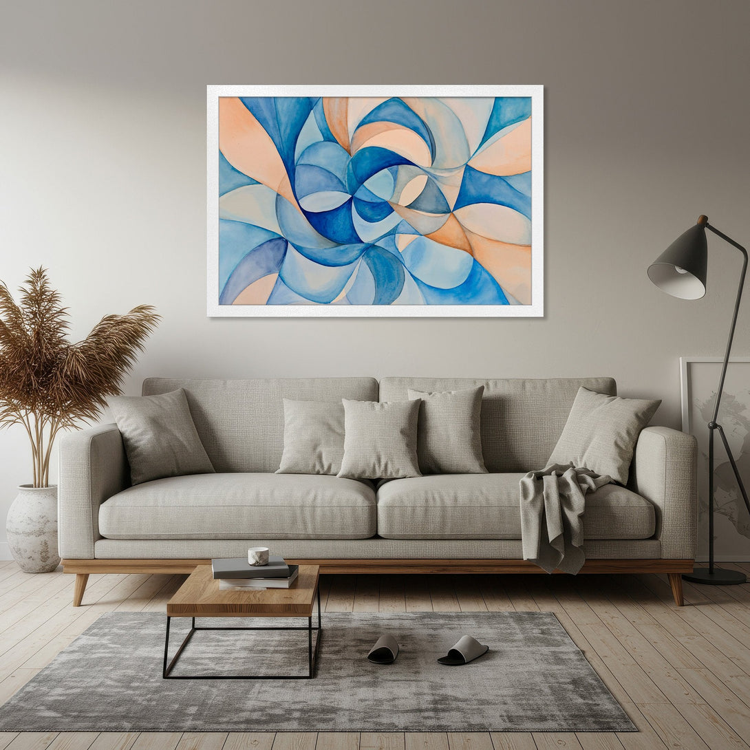 Framed Poster featuring an abstract watercolor design in blue and peach tones. Perfect wall art for modern decor.