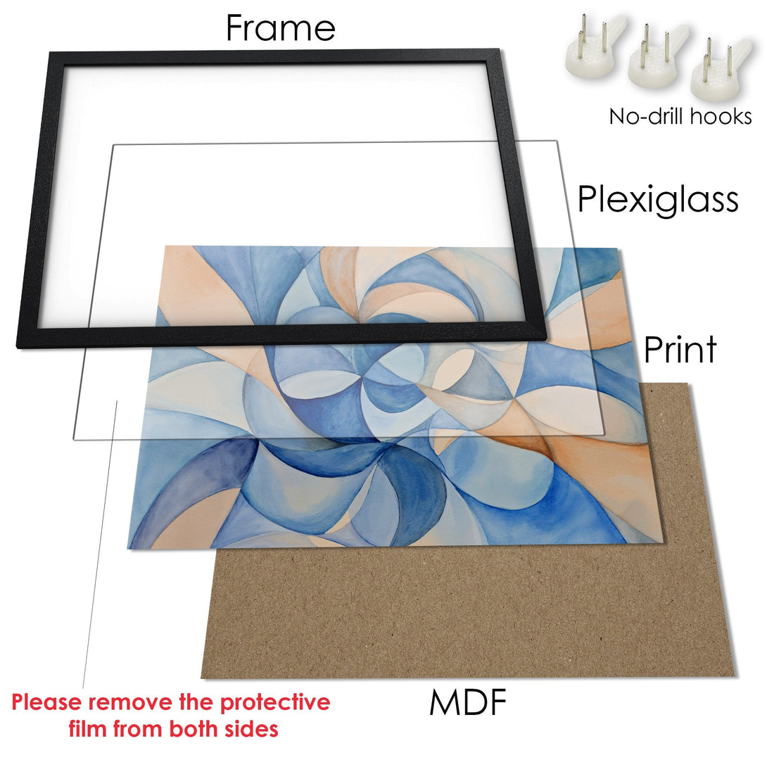 Framed Poster featuring an abstract watercolor design in blue and tan hues. Perfect art for any room!