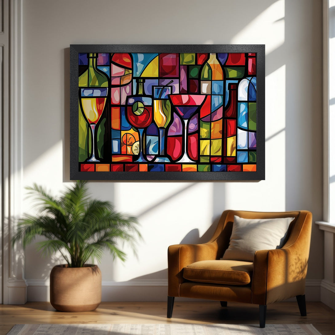 Framed Poster featuring a colorful, abstract bar scene. Vibrant, stained-glass style art with a warm, inviting color palette. Perfect wall art!