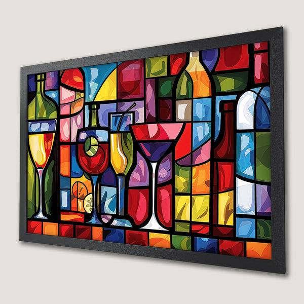Framed Poster featuring a colorful, geometric stained-glass style design of cocktails and bottles. Vibrant, warm color palette.