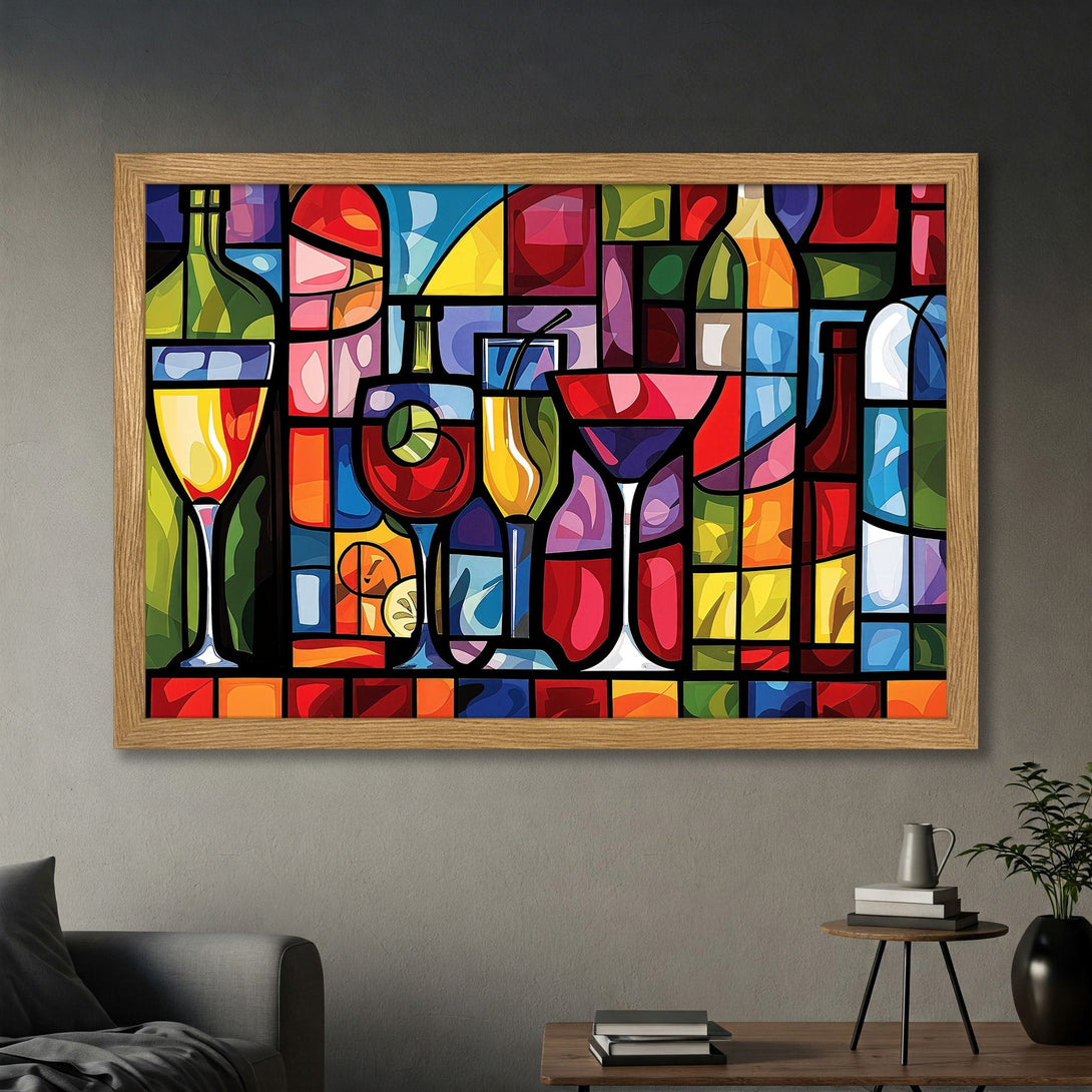 Framed Poster featuring a colorful, abstract stained glass style artwork of cocktails and bottles. Vibrant red, yellow, and blue palette.