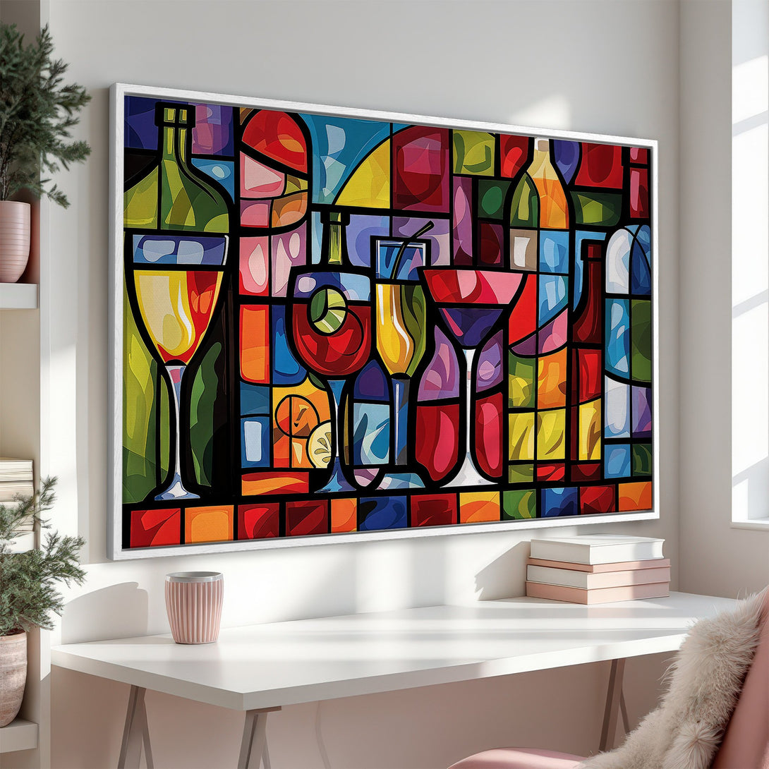 Framed Wall Art featuring a vibrant, abstract stained-glass style design of wine glasses and bottles. Colorful, modern artwork perfect for any home decor.