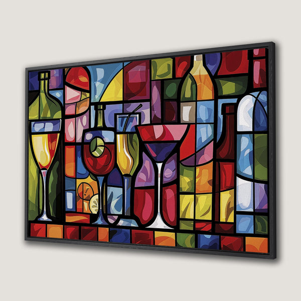 Framed Wall Art: Abstract stained glass-style artwork with vibrant colors, featuring glasses and bottles. Perfect for adding a pop of color to your space!