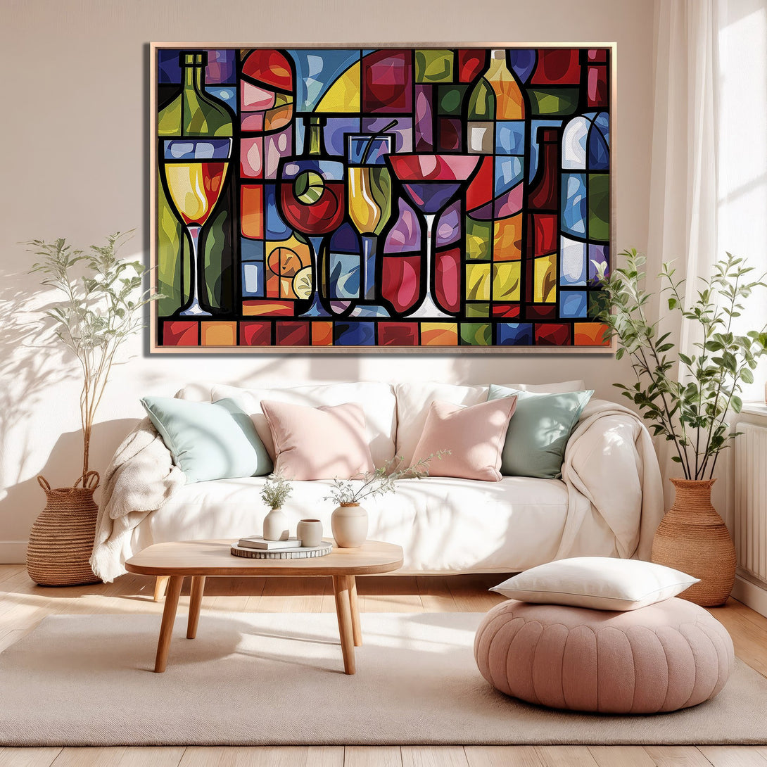 Framed Wall Art featuring a vibrant, stained-glass style depiction of cocktails. Colorful, modern, and perfect for adding a pop of art to your home decor.