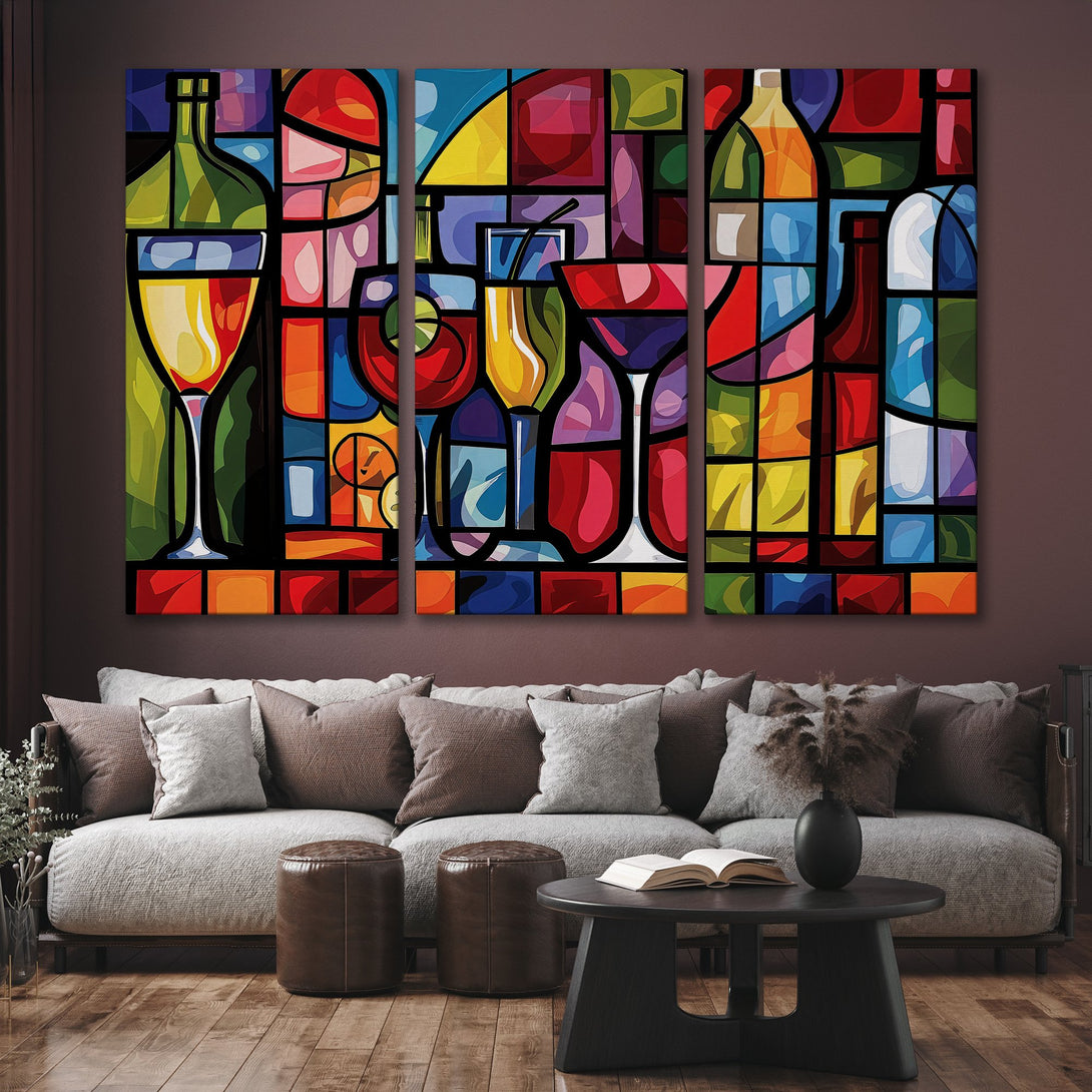 Abstract Canvas Print of colorful cocktails in a stained-glass style. Vibrant reds, yellows, and blues brighten any space.