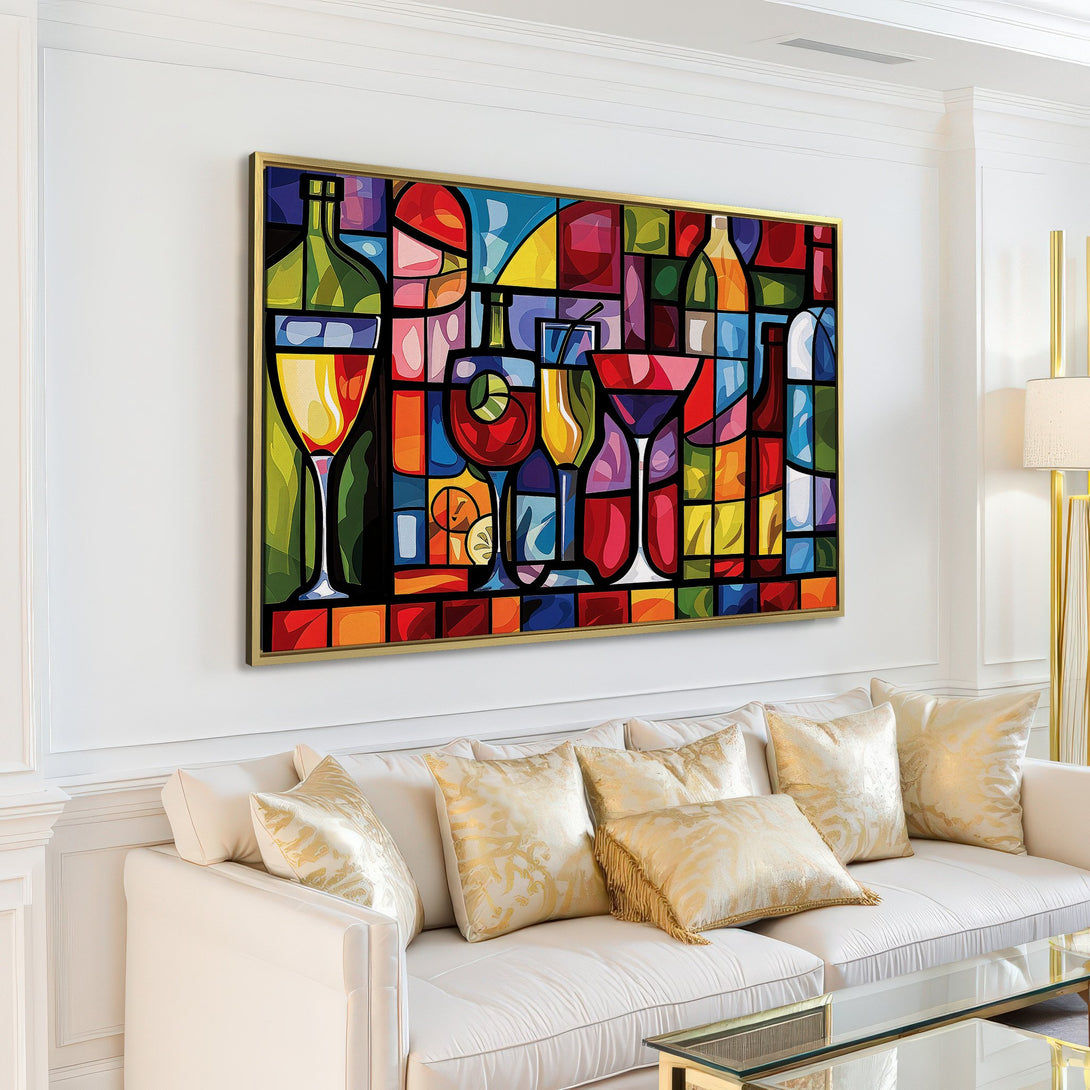Canvas Print of colorful stained-glass style bar scene. Vibrant, modern artwork with a bold, warm color palette. Perfect for kitchen or dining room.