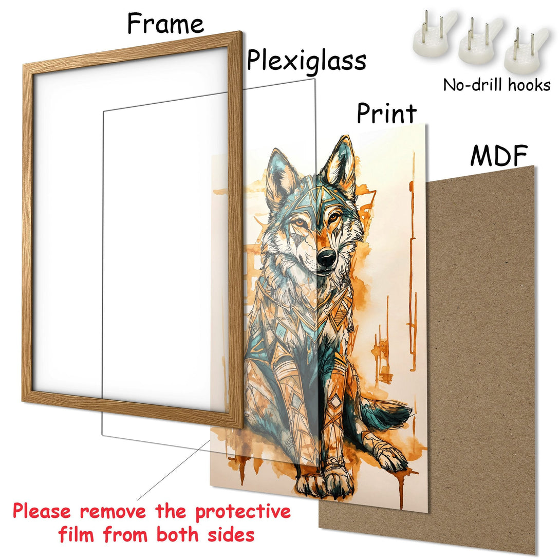 Framed Poster featuring a wolf illustration in an artistic style with a teal and orange color palette. Perfect wall art!