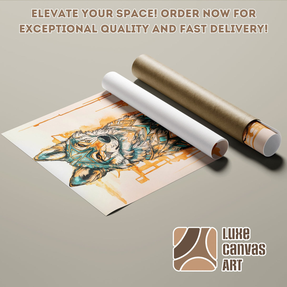 Poster Roll featuring a wolf illustration in watercolor style, with a warm orange and teal color palette. Elevate your space!