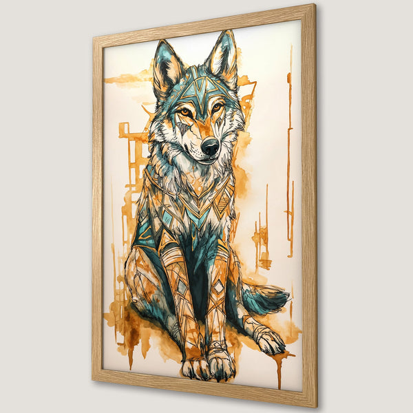 Framed Poster featuring a watercolor wolf with geometric patterns. Earth-toned color palette with teal accents. Perfect for modern decor.