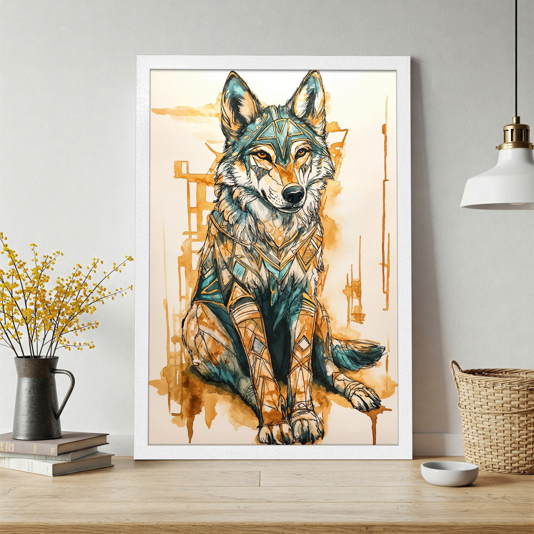 Framed Poster featuring a majestic wolf in watercolor style with teal and gold accents. Perfect for adding a touch of nature-inspired art to your space.