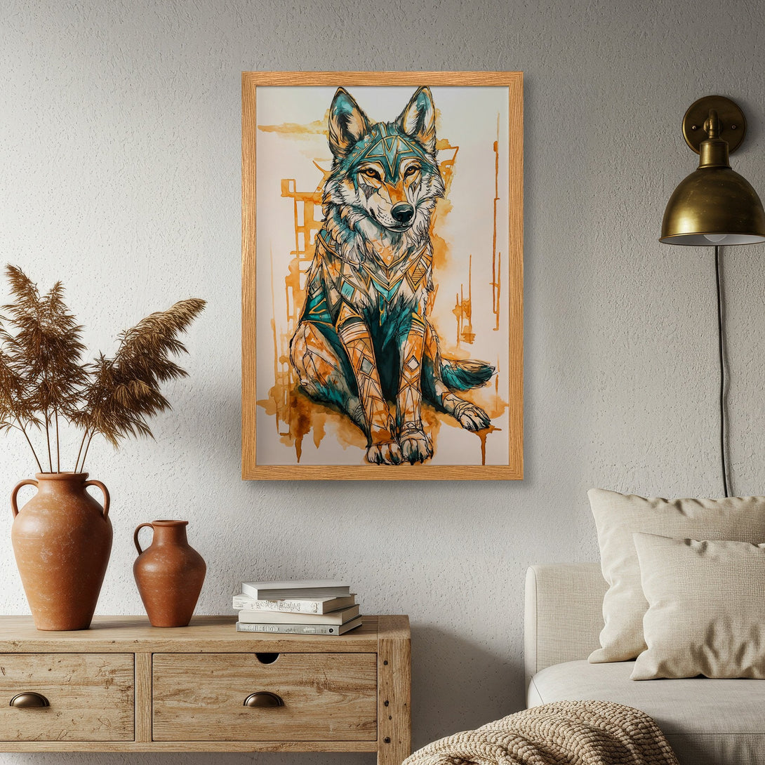 Framed Poster featuring a stylized wolf illustration in teal, orange, and brown tones. Perfect wall art for a modern home.