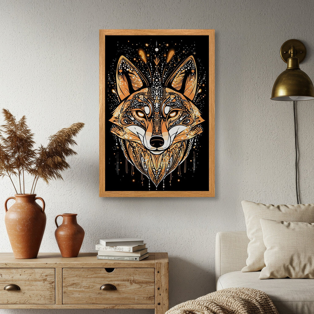 Framed Poster of a stylized fox with intricate details, featuring a warm orange and black color palette. Perfect wall art!