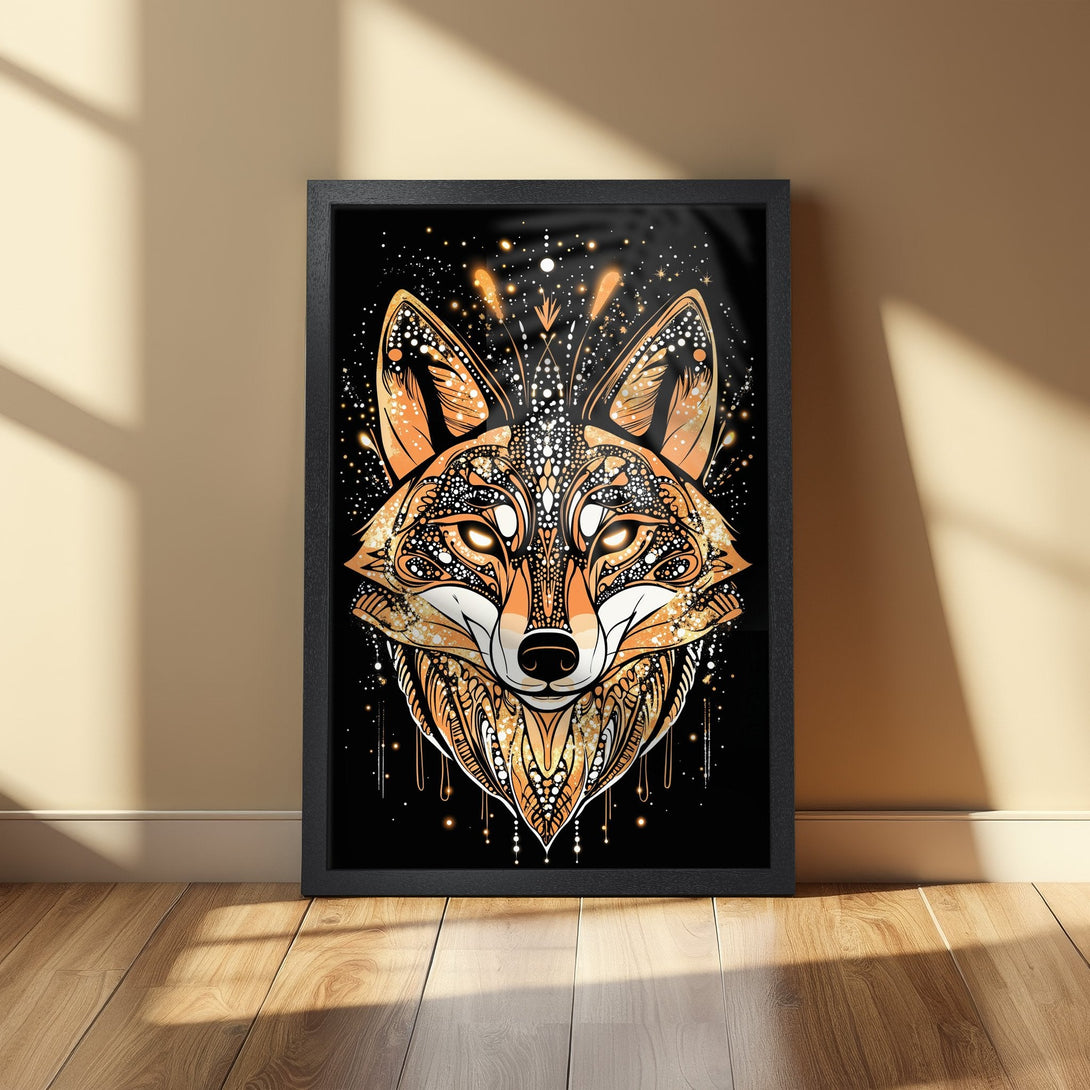 Framed Poster featuring a stylized fox illustration in orange and gold on a black background. Perfect wall art for a modern home.