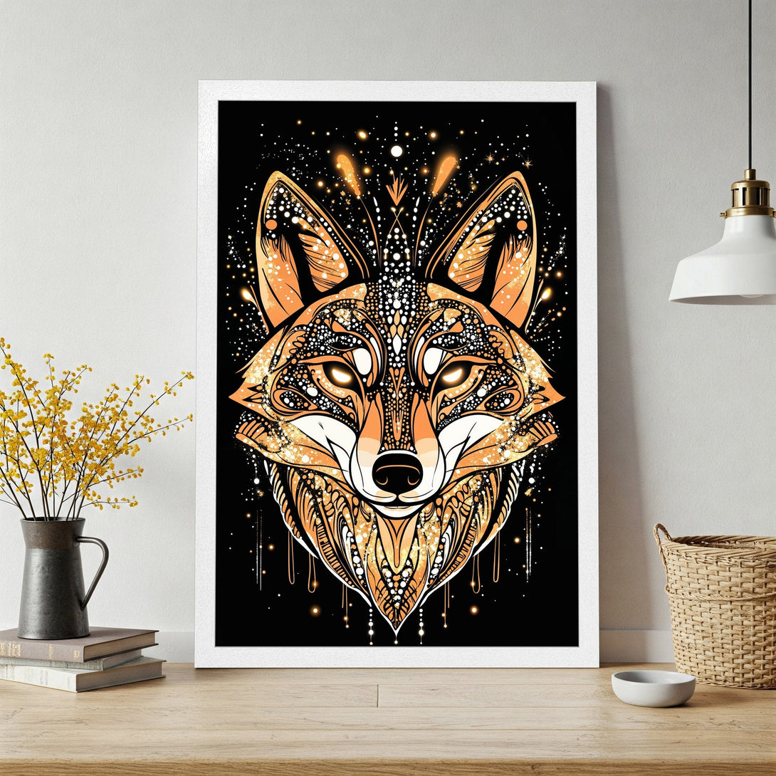 Framed Poster featuring a stylized fox head in orange and black, with intricate details. Perfect wall art for a modern home!