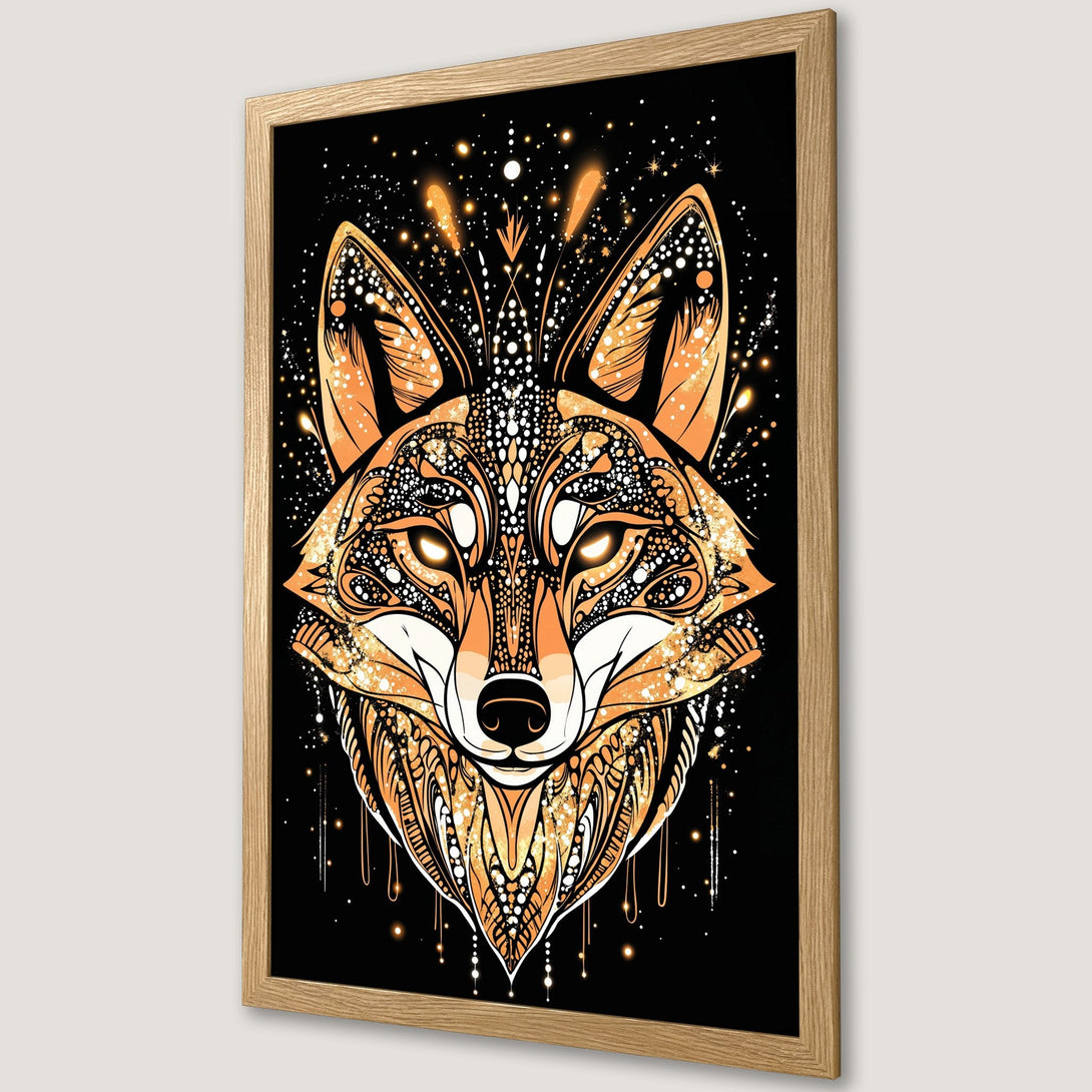 Framed Poster featuring a stylized fox illustration in orange, gold, and white on a black background. Perfect wall art!