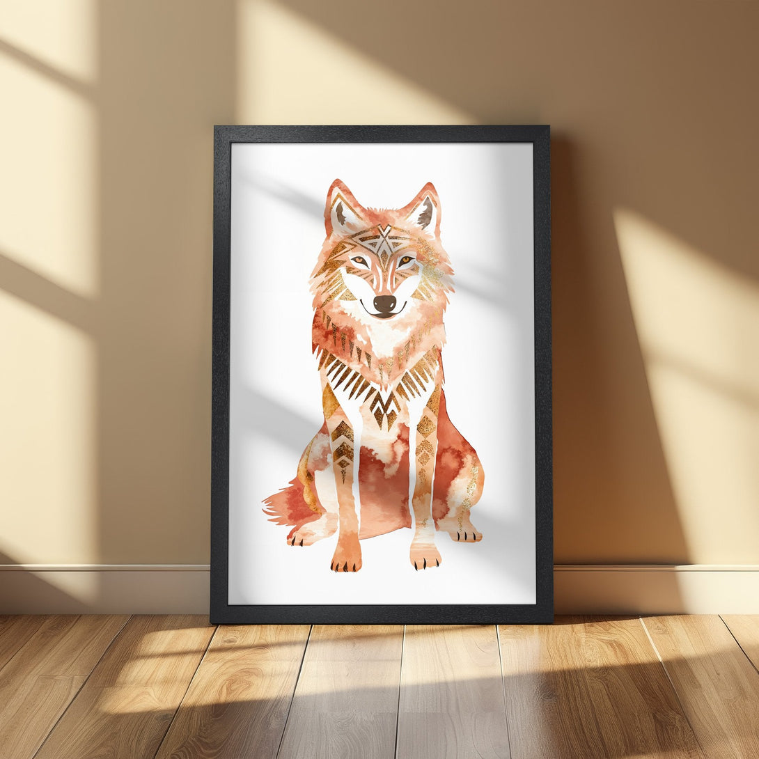 Framed Poster featuring a watercolor wolf with tribal patterns in warm orange and gold tones. Perfect wall art for any space!