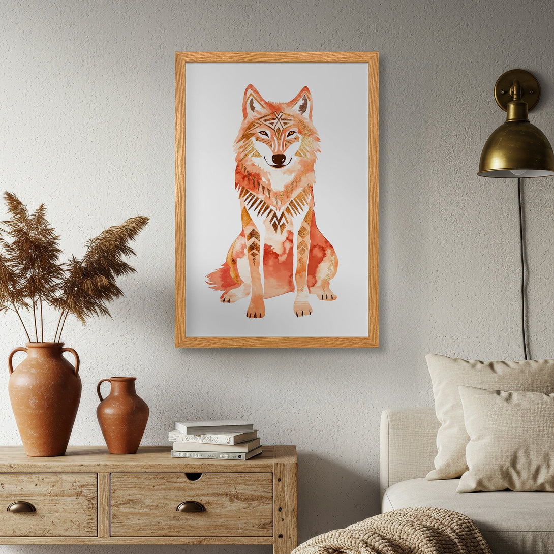 Framed Poster featuring a watercolor wolf in warm orange and gold tones, perfect for boho decor.