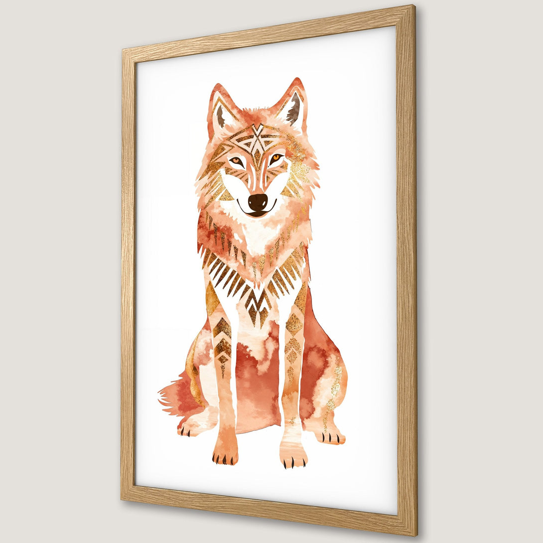 Framed Poster featuring a watercolor wolf with tribal patterns in warm orange and gold tones. Perfect wall art for a boho aesthetic.