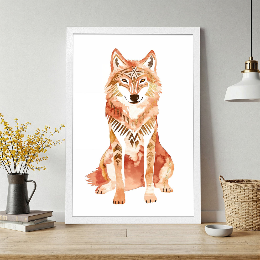 Framed Poster featuring a watercolor wolf in warm orange and gold tones, perfect for boho decor.