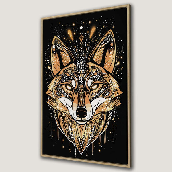 Framed Wall Art: Intricate fox illustration in gold and white on black. Stunning boho style Canvas Print for your home decor.