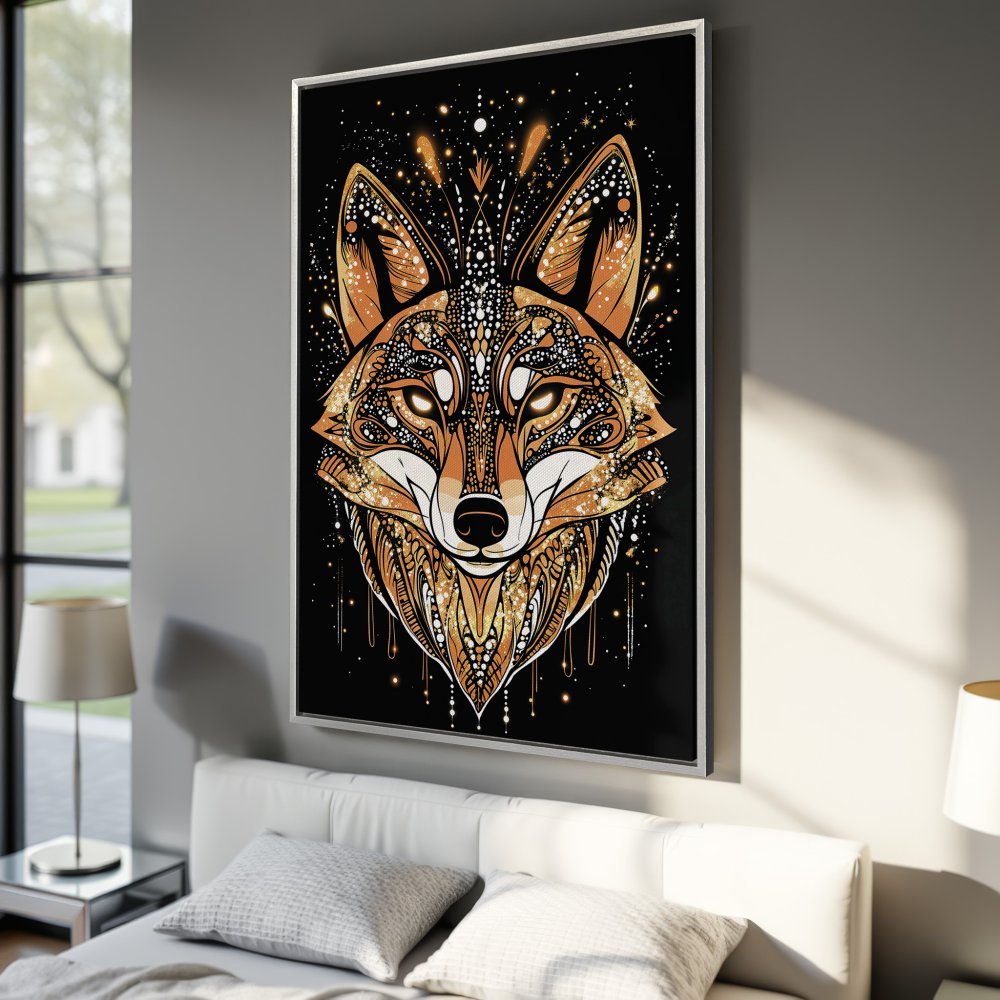 Framed Wall Art: Intricate fox illustration in gold and orange on black. Modern, bohemian style Canvas Print for your home decor.