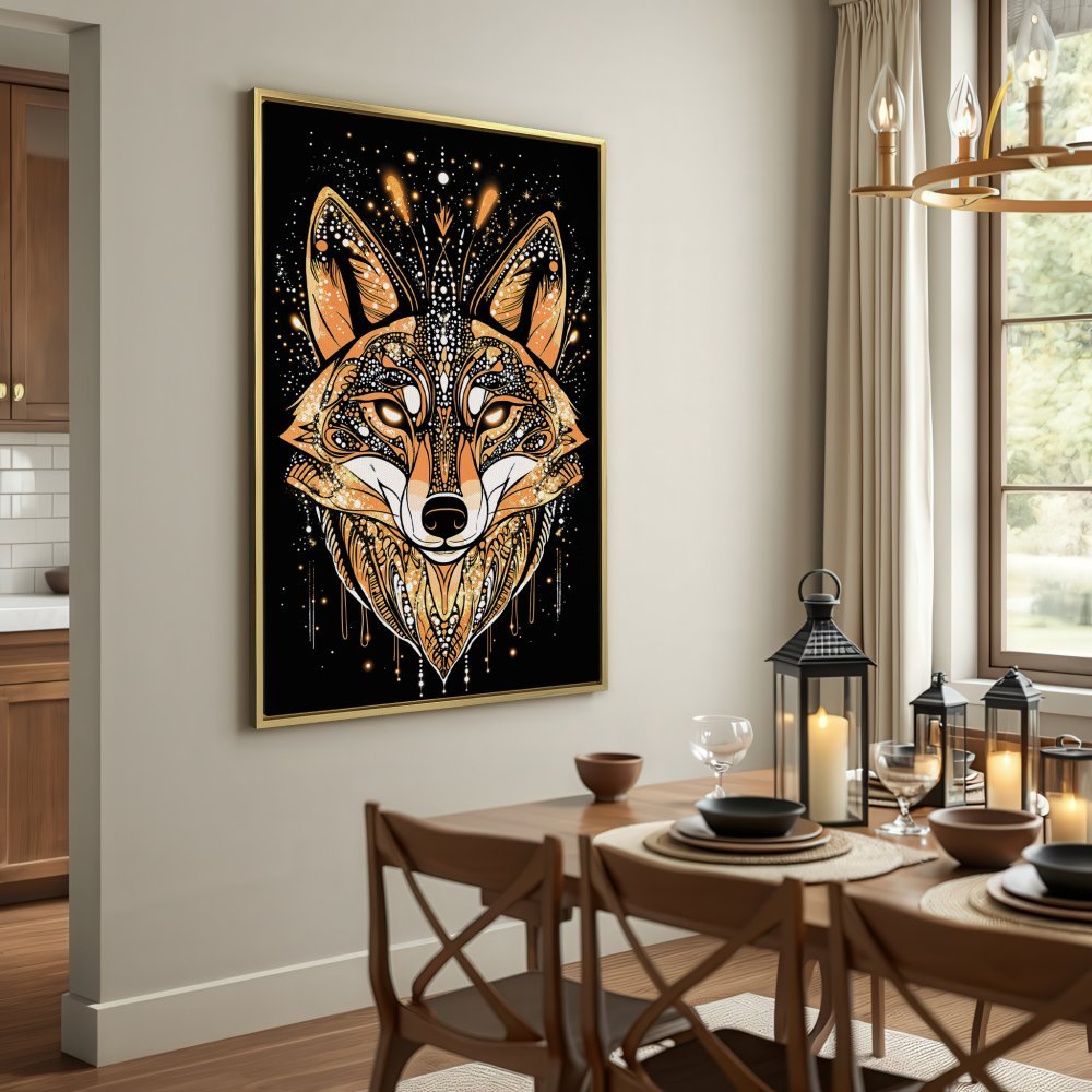 Canvas Print of a stylized fox head in gold and orange tones against a black background, perfect for modern wall decor.