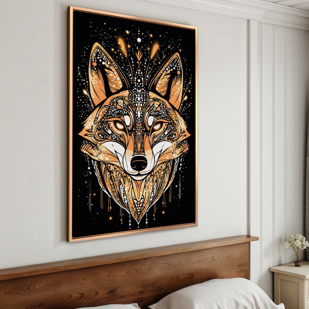 Framed Wall Art: Ornate fox portrait in gold and orange on black. Add a touch of mystical elegance to your home decor!