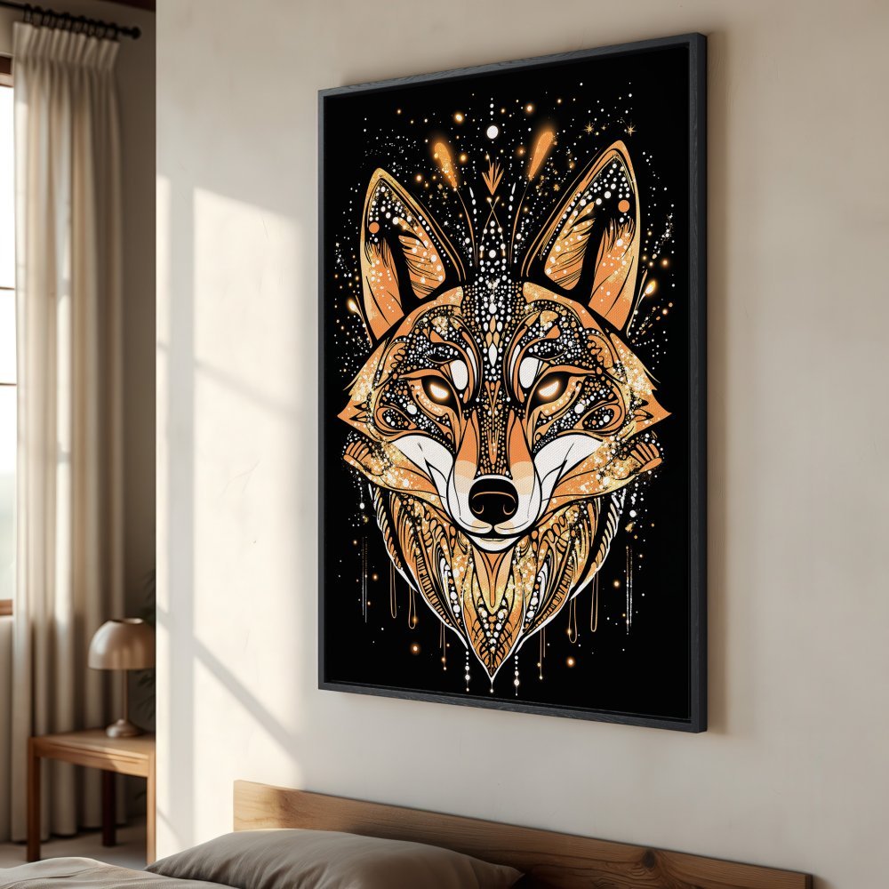 Framed Wall Art: Stunning fox portrait in geometric style, featuring a warm orange and black color palette. Perfect for adding a unique touch to your home decor.