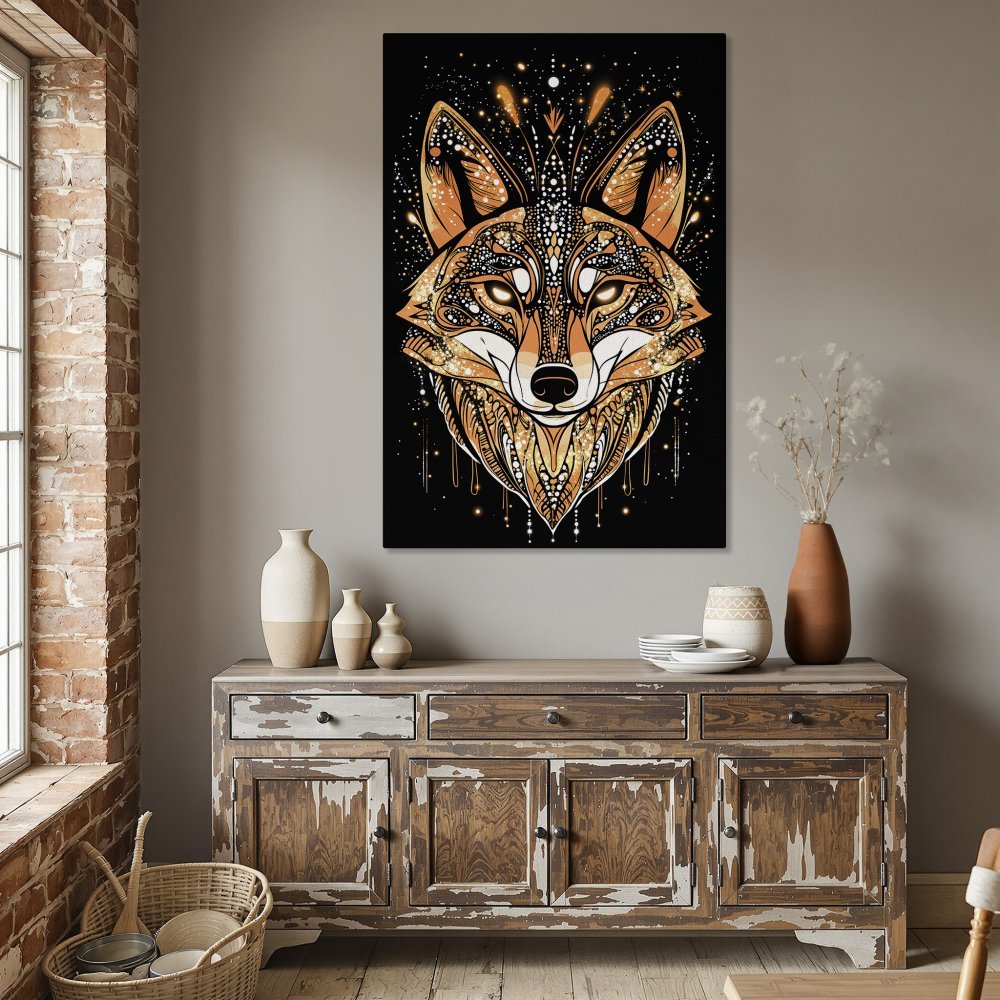 Framed Wall Art: Stunning fox portrait in gold and orange hues, perfect for modern decor. Add a touch of elegance to your space!