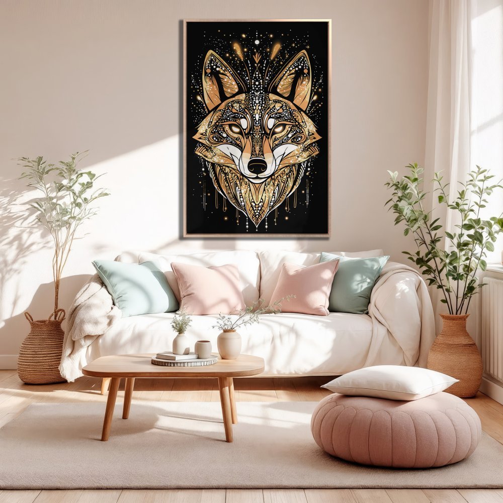 Framed Wall Art: Stunning golden fox illustration on black background. Bohemian style Canvas Print adds elegance with a warm, neutral color palette.