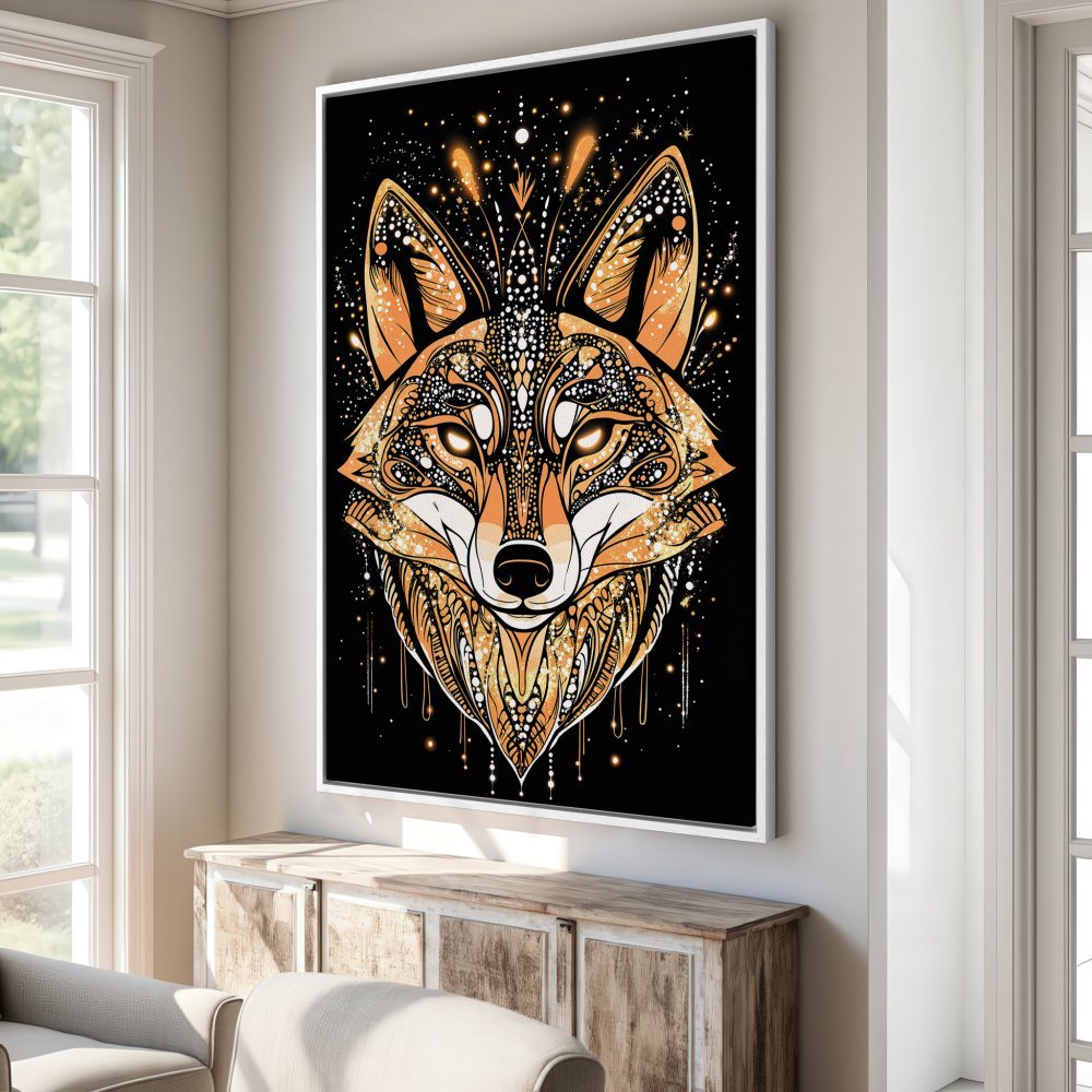 Framed Wall Art: Intricate fox portrait in orange and gold on black background. Modern, stylish Canvas Print for home decor.