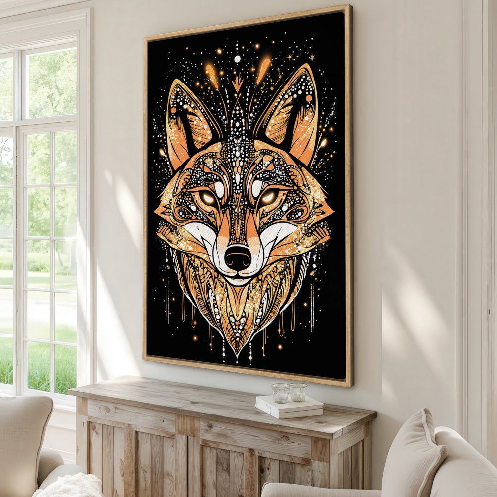 Framed Wall Art: Stunning fox portrait in a tribal art style, featuring gold and orange hues on a black background. Perfect home decor!