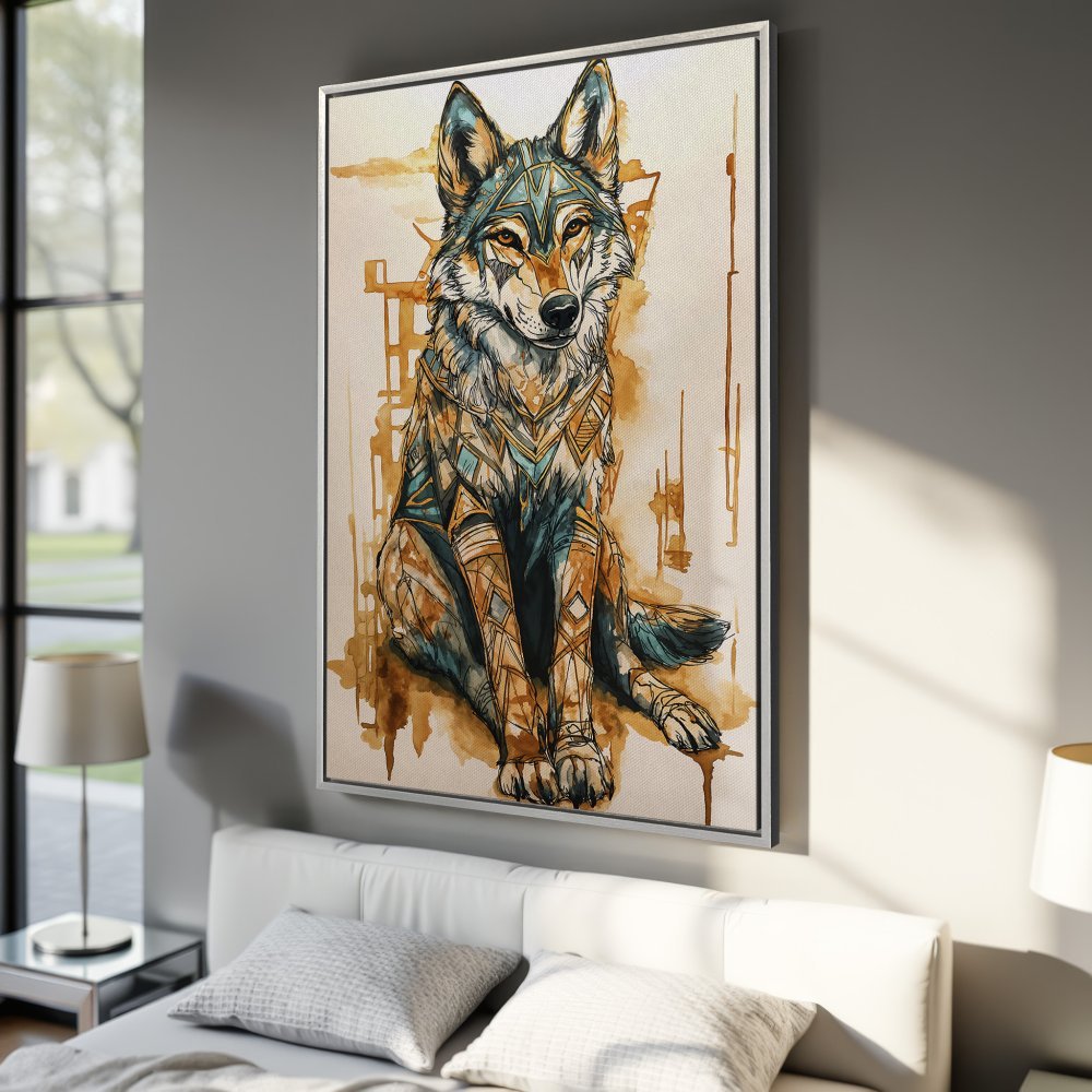 Framed Wall Art: Intricate wolf illustration in watercolor style, featuring teal and brown tones. Perfect for modern home decor.