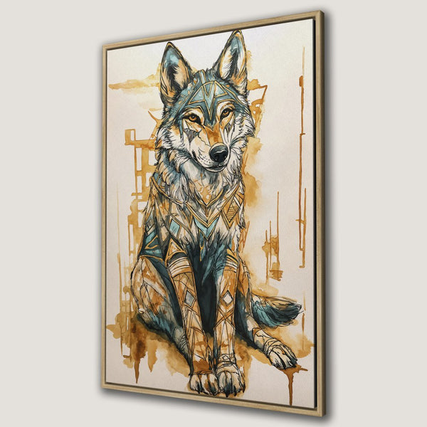 Framed Wall Art: Majestic wolf portrait in watercolor style, featuring geometric patterns. Earthy tones with teal accents. Perfect for modern decor.
