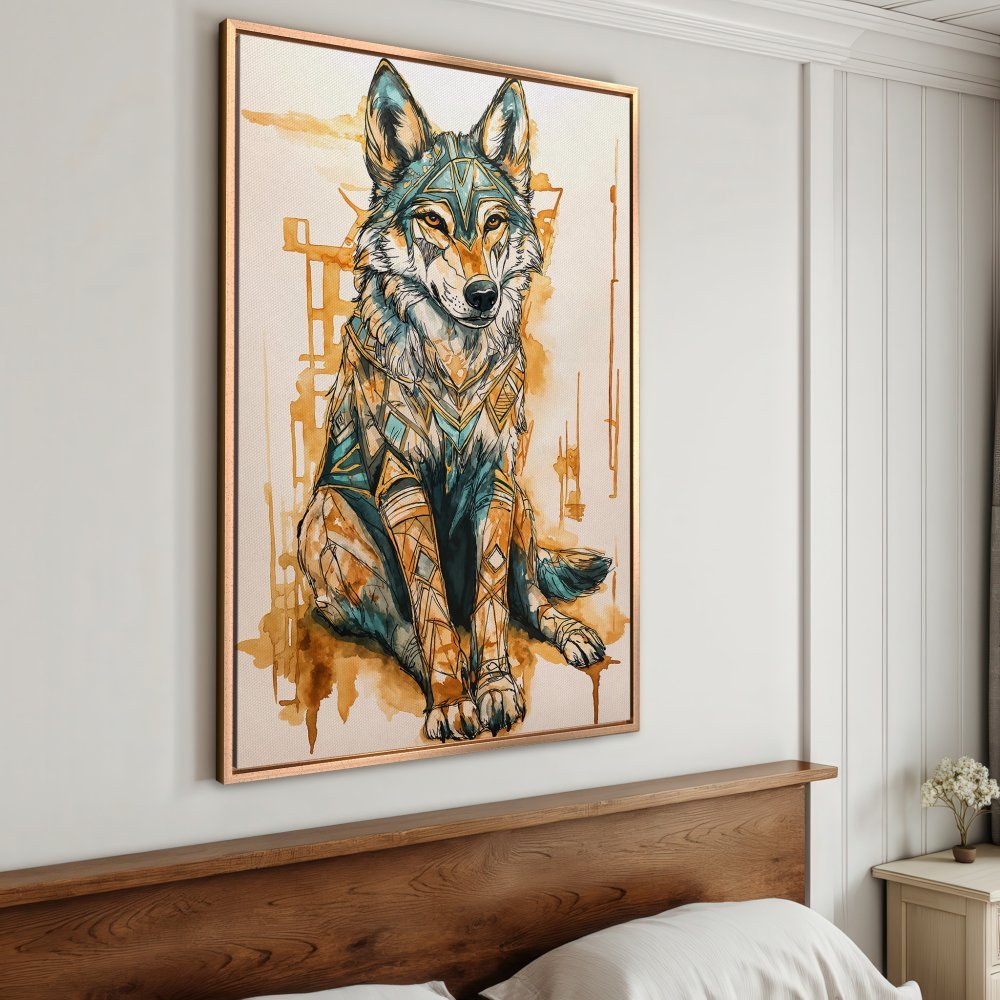 Framed Wall Art: Watercolor wolf print in teal & gold. Modern animal art canvas print for home decor.