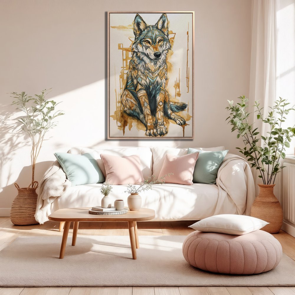 Framed Wall Art: Watercolor wolf print in a modern living room. Earthy tones and geometric design. Add a touch of nature to your space!