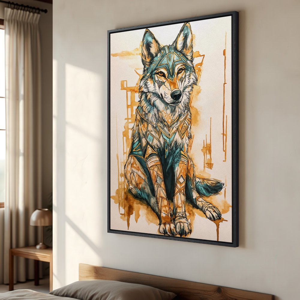Framed Wall Art: Stunning watercolor wolf print in teal & gold. Add a touch of nature & artistry to your space with this unique canvas print.