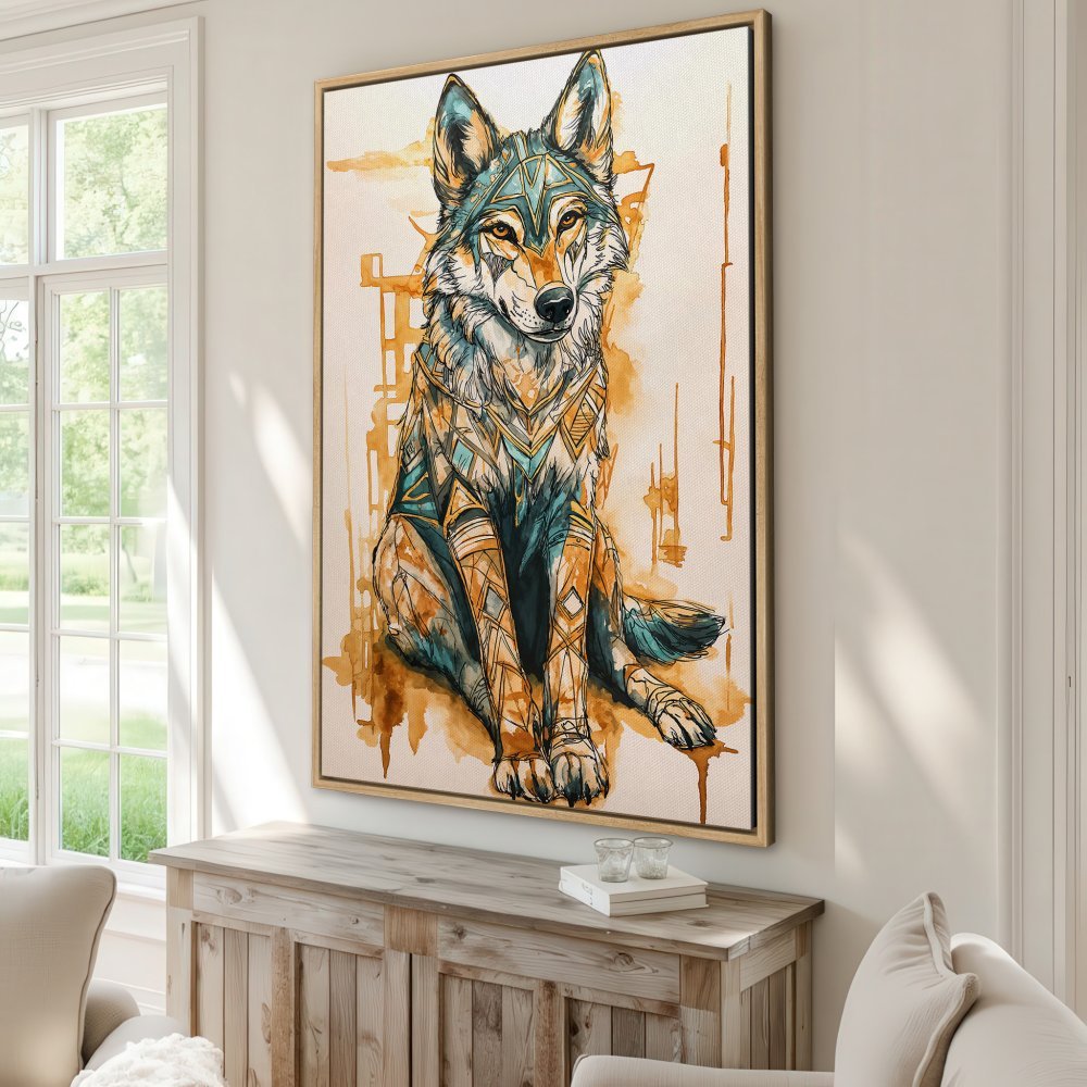 Framed Wall Art: Stunning wolf portrait in watercolor style, featuring teal & orange hues. Perfect for modern home decor.