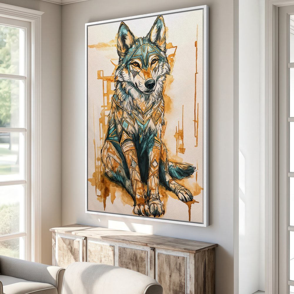 Framed Wall Art: Tribal wolf illustration in teal and orange watercolor style. Stunning canvas print for modern home decor.